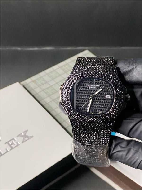 Blacked Iced Out Stain-less Steel Chain Watch For Mens Fashion