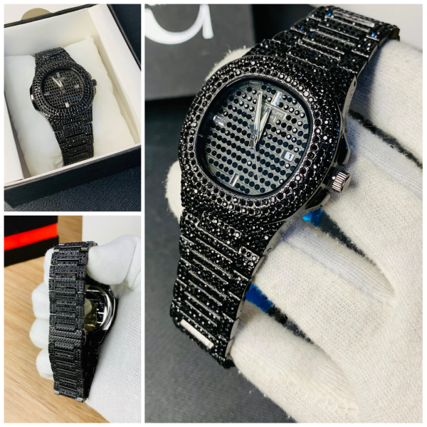 Blacked Iced Out Stain-less Steel Chain Watch For Mens Fashion